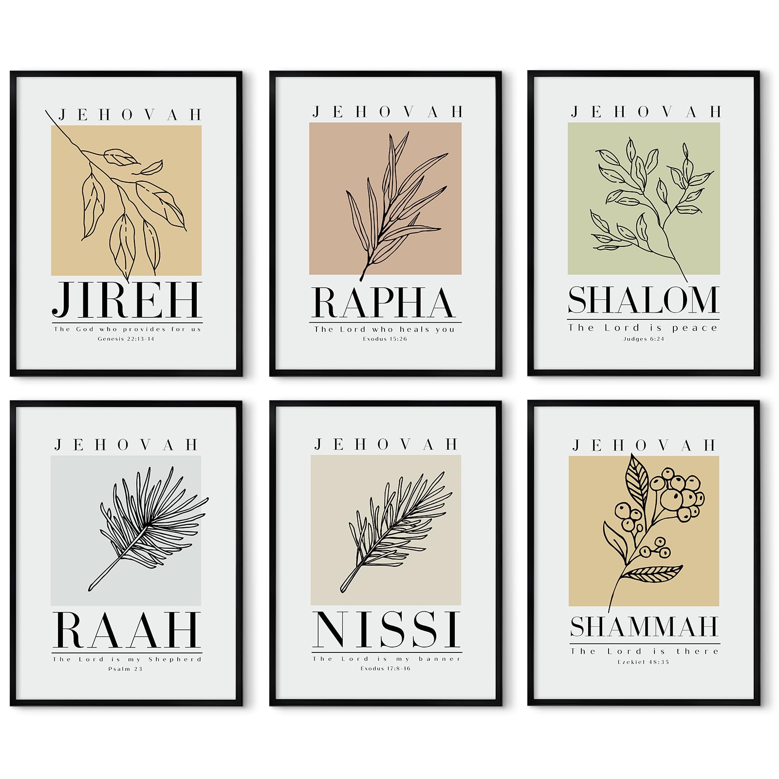 Bible Wall Art Print Set of 6 Christian Scripture Wall Art Decor Jehovah Jireh Rapha Shalom Shammah Nissi Raah Wall Art Bible Verse Poster Modern Minimalist for Living Room Bedroom 8x10 Inch UNFRAMED