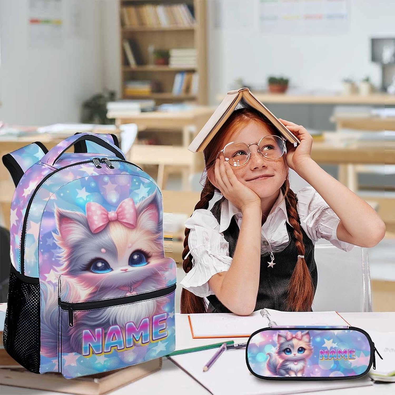 Kids School Backpacks, Custom Cat Backpack for Girls 6-8, 3 Set in Schoolbag for Travel Hiking Preschool Elementary Kindergarten, Back to School Supplies