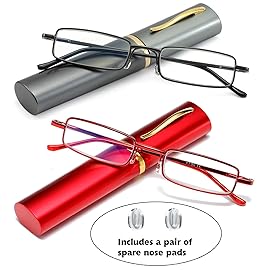 OWTXIS 2 Pack Blue Light Blocking Reading Glasses - Slim Pocket Readers with Pen Clip Case Mini Lightweight Readers (Red, Gunmetal, +1.75)