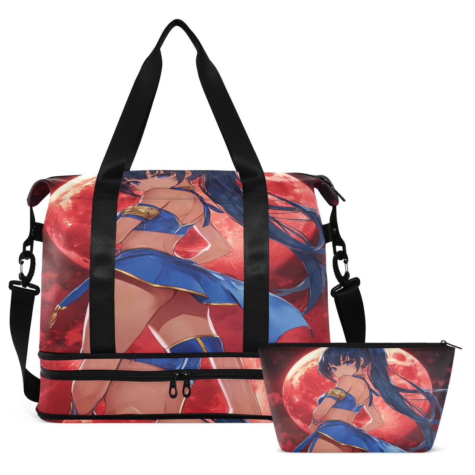 Bolsas de viaje de estilo anime, con fondo de luna roja, con bolsillo mojado, correa ajustable, para gimnasio, para viaje, juego de 2 piezas para hombres y mujeres