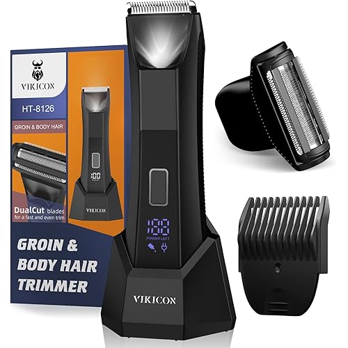 VIKICON 2-in-1 Manscape Body Trimmer&Shavers for Men, Ball Shaver w/Dual-Head Trimmer&Foil Blades, Waterproof Groomer w/Light for Pubic, Groin, Back, Electric Razor w/Travel Lock, Pouch, USB-C Cable
