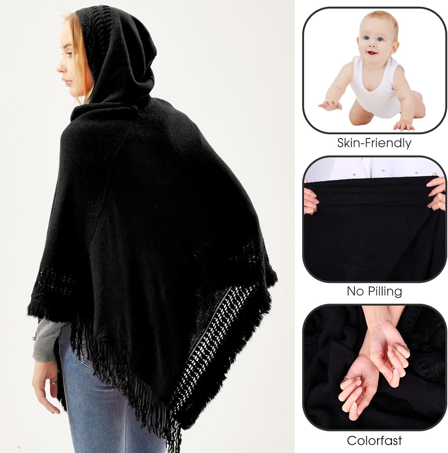Liitrsh Shawl Poncho Sweaters for Women Knitted Hooded Cape with Fringed Hem Crochet Poncho Pullover Sweaters - Image 4