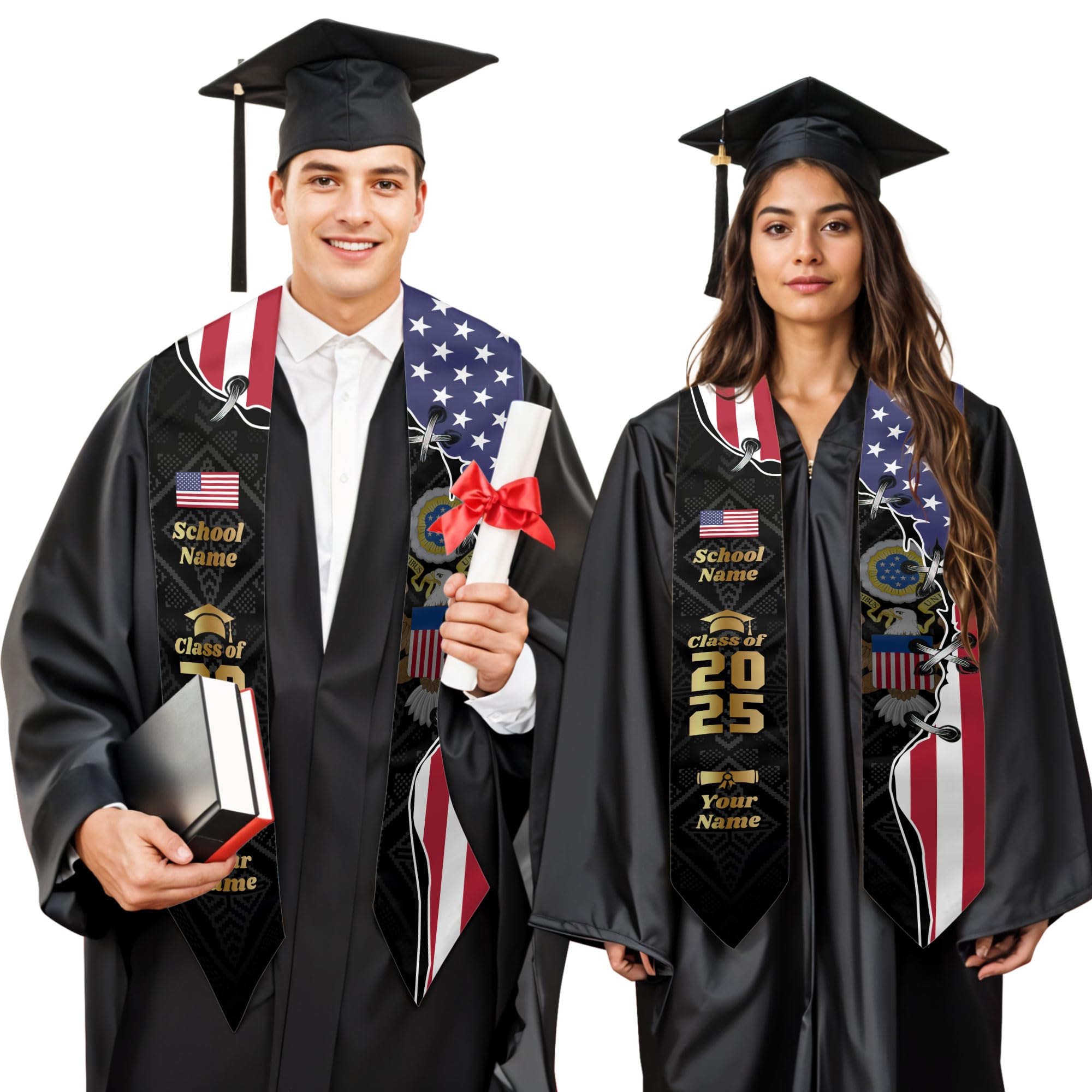 MonkeyVan Personalized USA Graduation Sash, Class of 2025 American Flag Stole Custom Stole for College High School University Us11