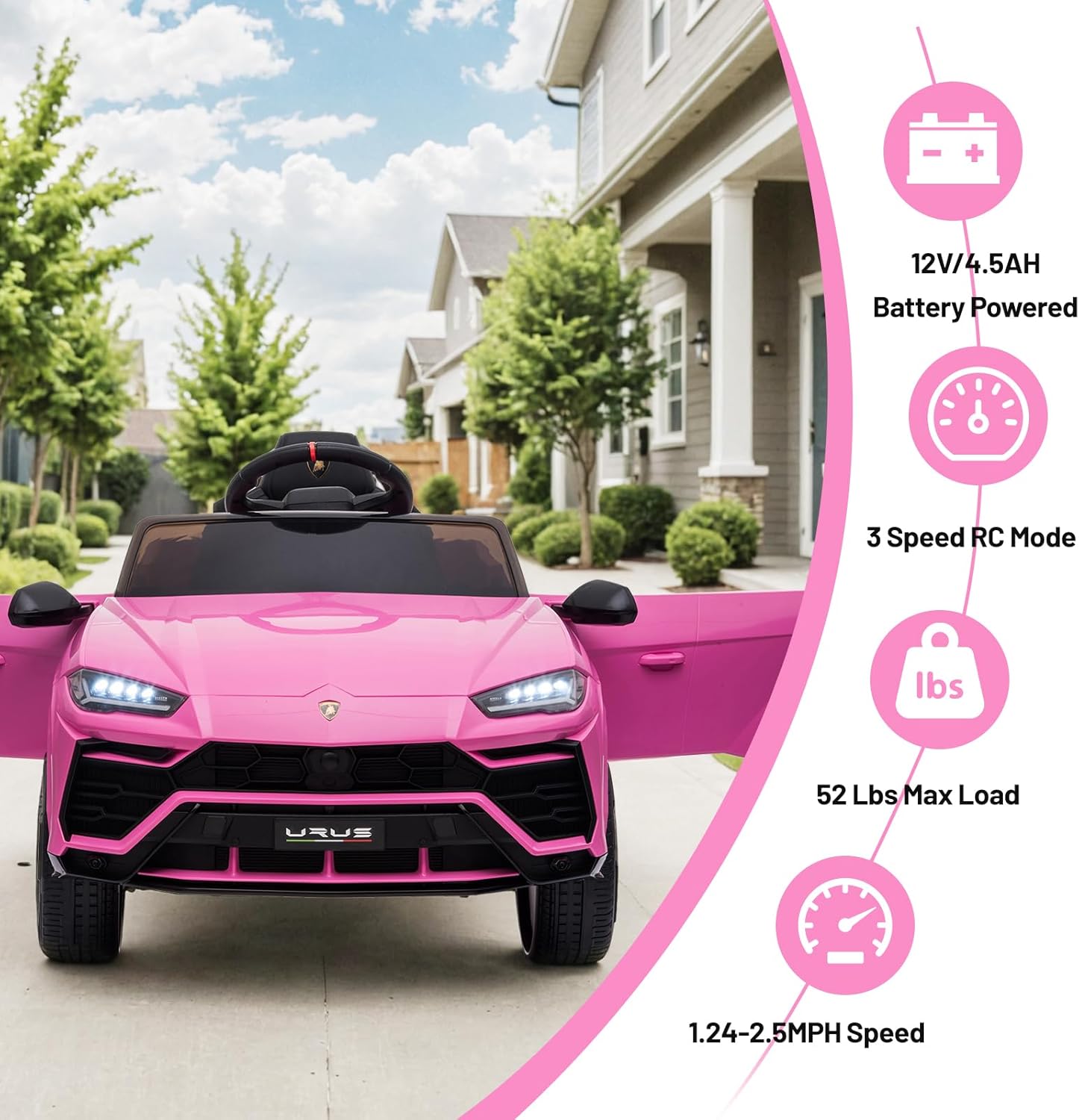 12V Kids Ride On Car Licensed Lamborghini Urus Electric Car for Kids Vehicle Toy/Parent Remote Control, USB Port, AUX, Spring Suspension, Opening Door, LED Light (Pink)
