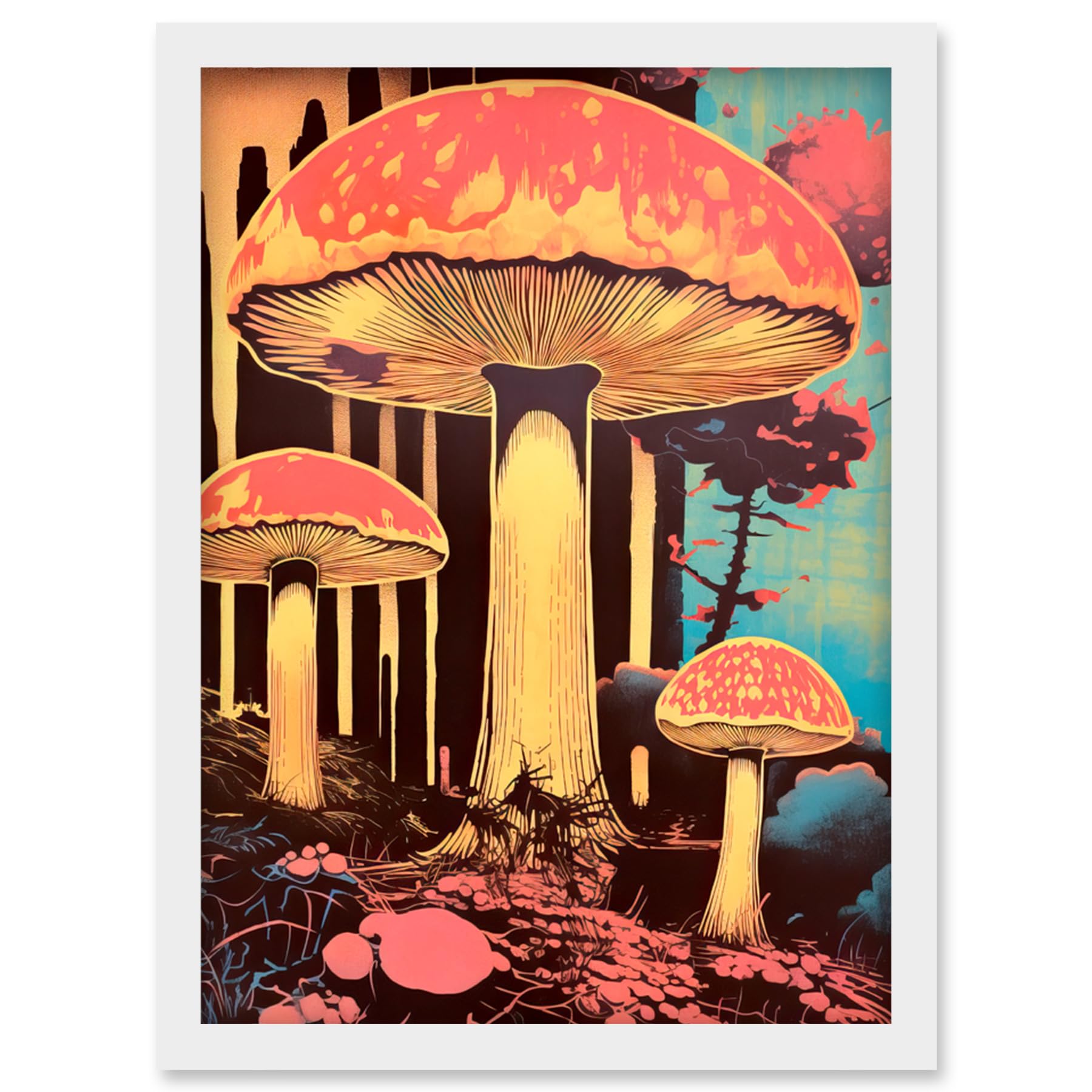 Artery8 Red Mushroom Fungi Pink Blue Bright Psychedelic Nature Kitchen Artwork Framed Wall Art Print A4