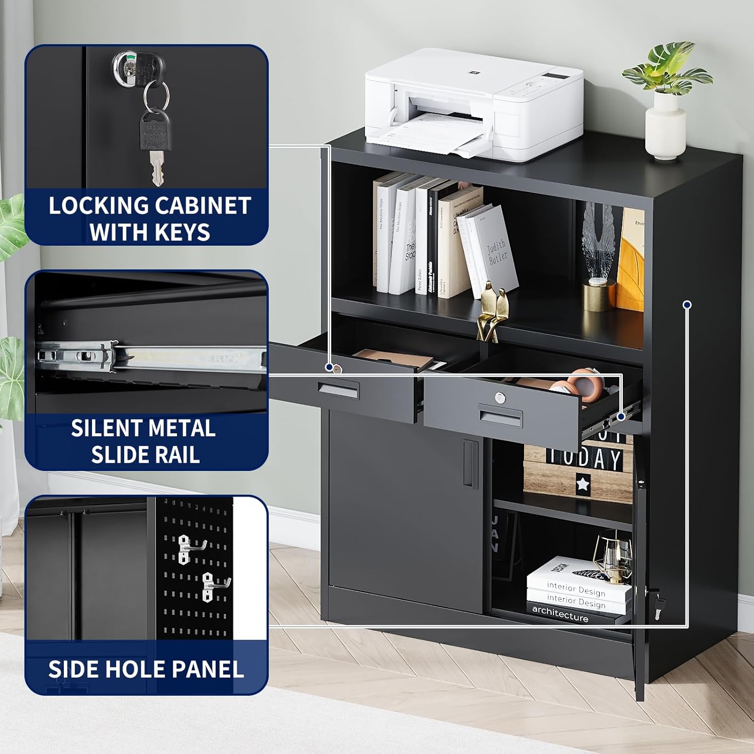 Yizosh Metal Storage Cabinet with 2 Drawers and Locking Doors,- 41.3" Steel Lockable Storage Cabinet with Shelves for Home Office,Garage,School (Black)