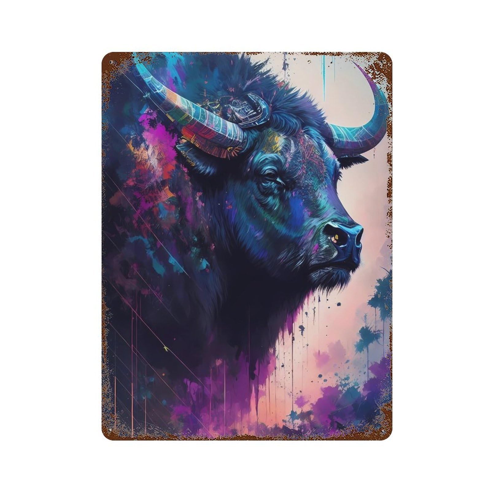 Colorful Bull Illustration Retro Metal Sign 15.7"x11.8", Novelty Wall Decor for Farmhouse, Kitchen And Entryway Decor