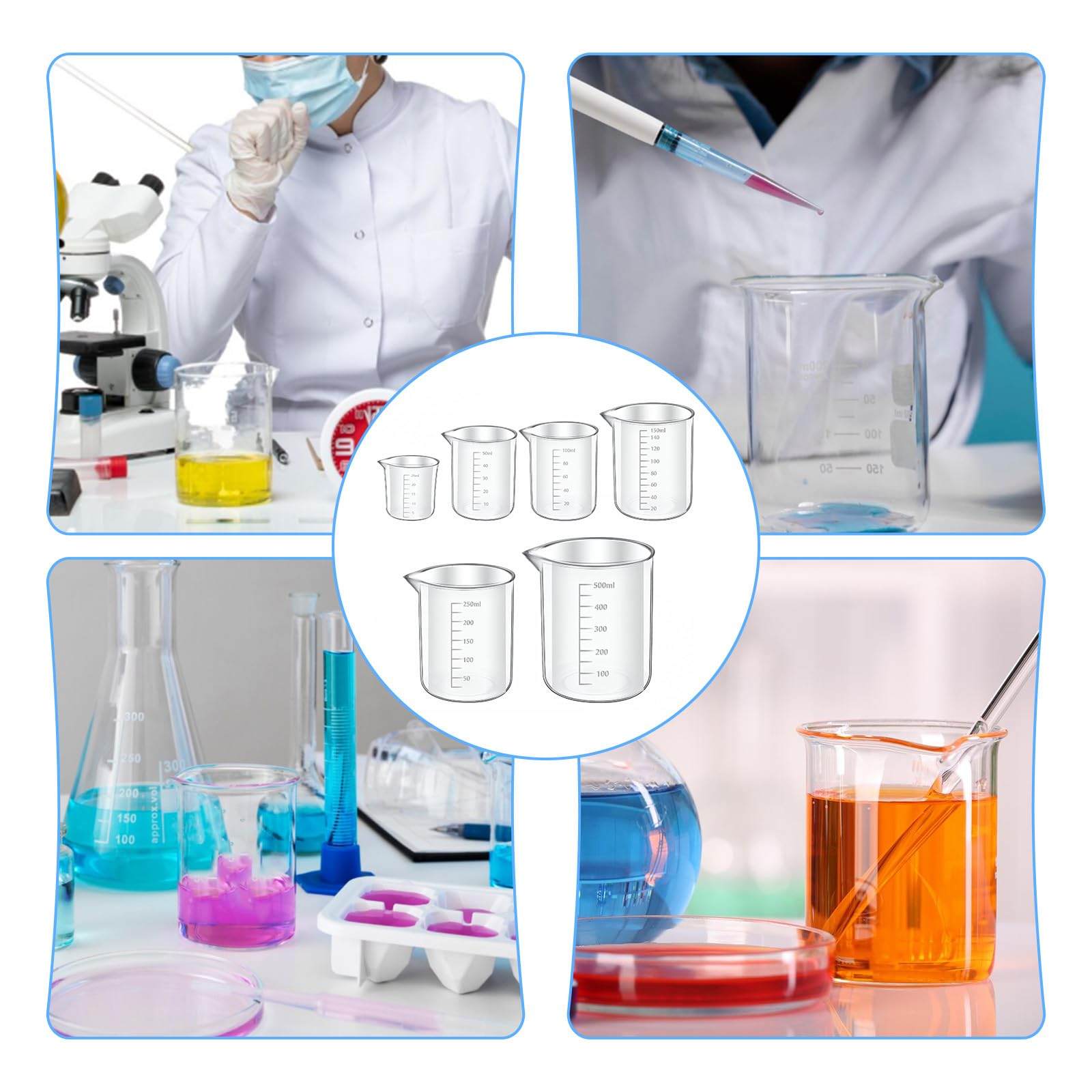 6 szt. plastikowej zlewki, 6 rozmiarów, przezroczysty kubek z miarką PP, kubek do mieszania laboratoryjnych kubków pomiarowych w 500 ml/250 ml/150 ml/100 ml/50 ml, pojemność 25 ml do