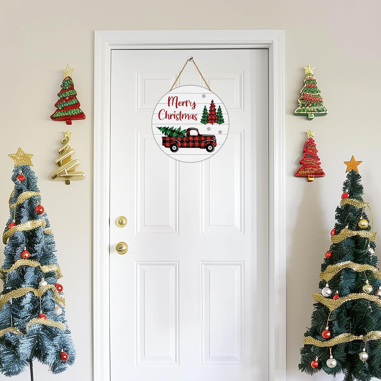 Christmas Decorations Indoor Door Decorations Merry Christmas Sign Buffalo Plaid Truck Tree Wall Decor Wooden Front Door Hanger Truck Tree Hanging Sign Wreath for Porch Wall Indoor Home Decor