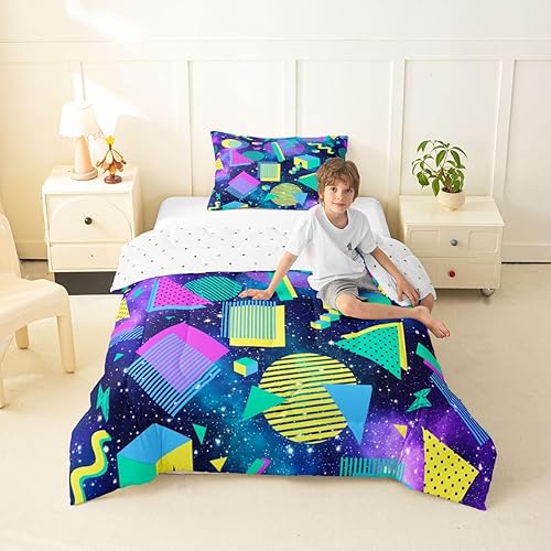 Miniatura 46 de Juego de edredón de estilo de moda de los años 80 y 90, tamaño Queen, patrón retro de estilo Memphis con formas geométricas, juego de ropa de cama