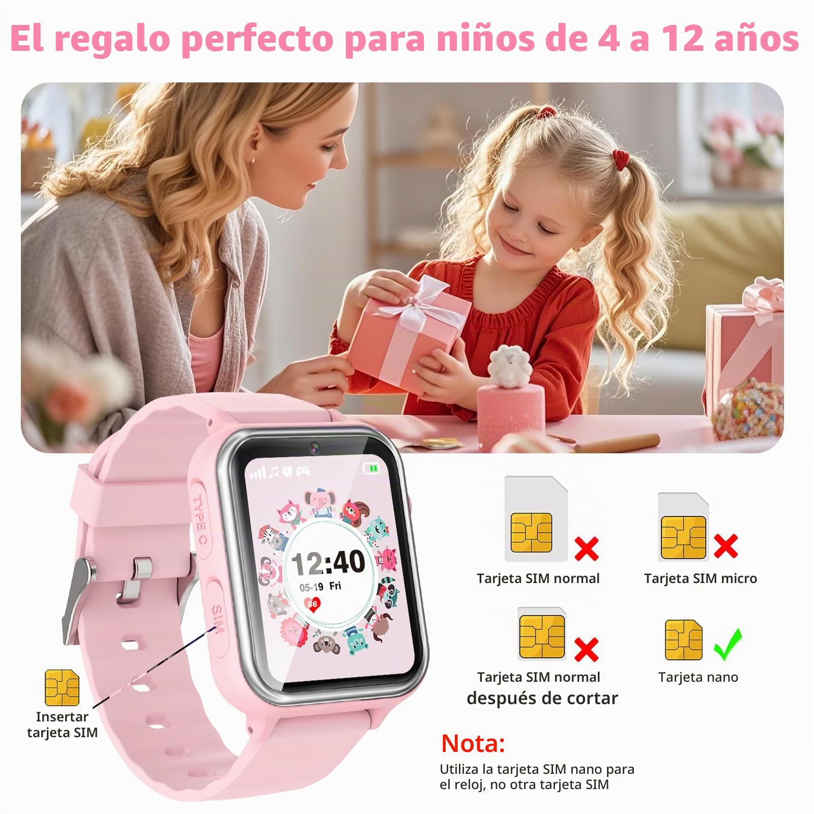PTHTECHUS Smartwatch Niños, Reloj Inteligente niño con 13 Juego, podómetro, Cámara, Grabación de vídeo, Música, SOS, Linterna, Despertador, Reloj Teléfono para Niños y Niñas 4-12 Años (Rosa)