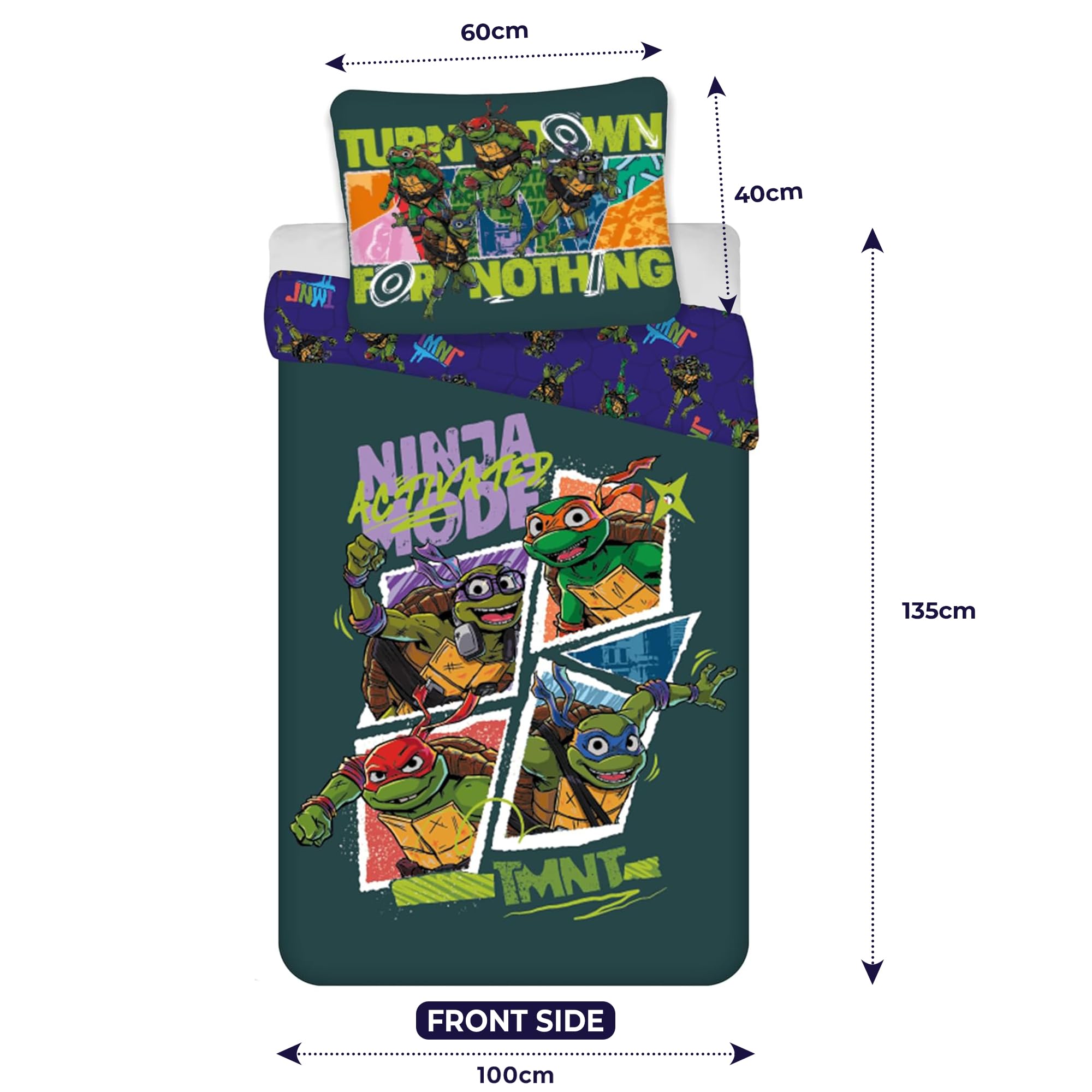 BrandMac TMNT - Set di biancheria da letto per bambini, reversibile, 100 x 135 cm, con federa 40 x 60 cm, 100% cotone, motivo tartarughe ninja per bambini