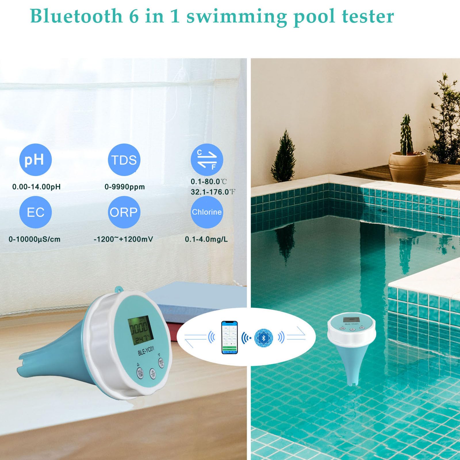 Monitor basenu Bluetooth, inteligentny cyfrowy chlor do pomiaru temperatury, długopis do testowania jakości wody 6 w 1, termometr basenowy do laboratorium akwarystycznego basenu