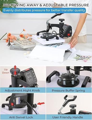 Miniatura 3 de Whubefy Máquina de prensa de calor para camisetas, prensa de calor de 12 x 10 pulgadas, 650 W, para bolsas, almohadas, alfombras, rompecabezas,