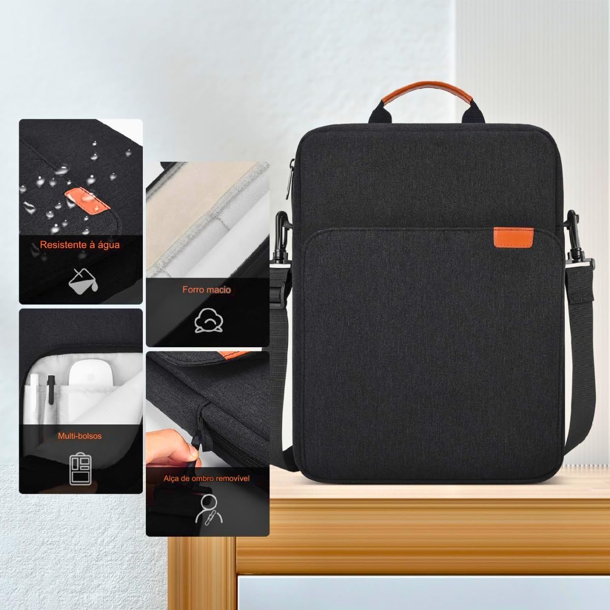 Capa Case Bolsa para Tablet de 13,3 a 14 Polegadas para iPad Pro M4 e Air M2 2024, iPad 12,9, MacBook Pro M3 M2 M1 Max Com Alça (Preto)