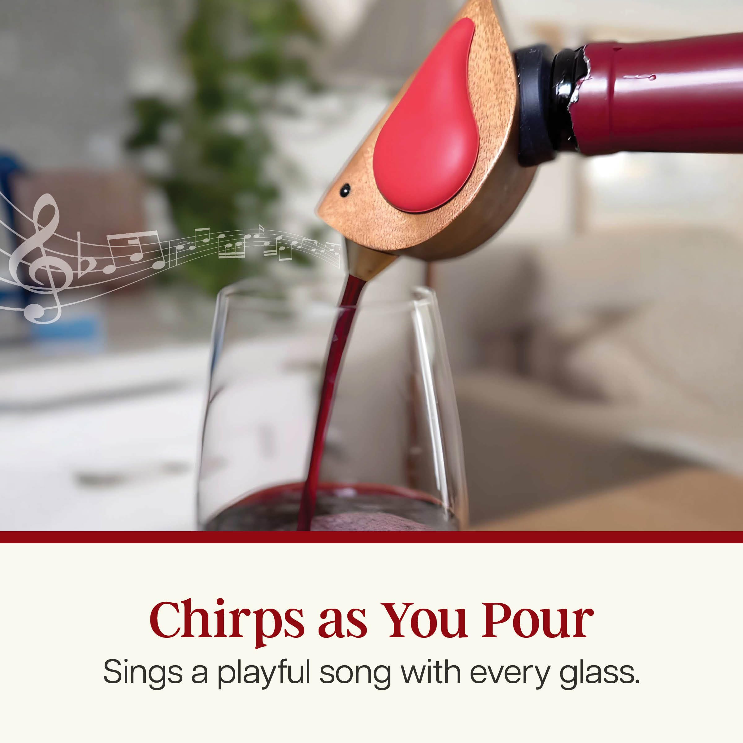 Songbird Specialties Vertedor de botellas de vino, divertido vertedor de vino canta mientras se vierte, sellador hermético de botellas de vino, madera de acacia con alas rojas