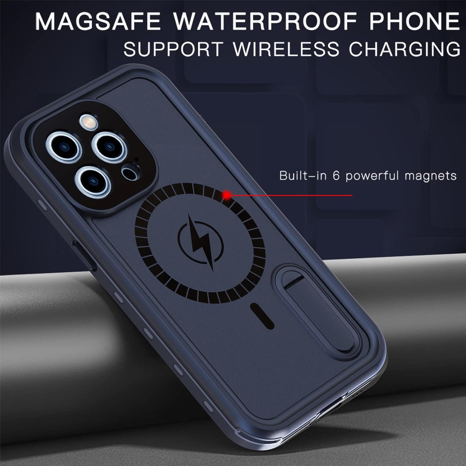 Omio for iPhone 13 Pro Max Waterproof Case Compatible with MagSafe, Magnetic Full Body IP68 Shell with Built-in Screen Protector Military Grade Shockproof Cover with Stand for Men Women Blue - Image 3