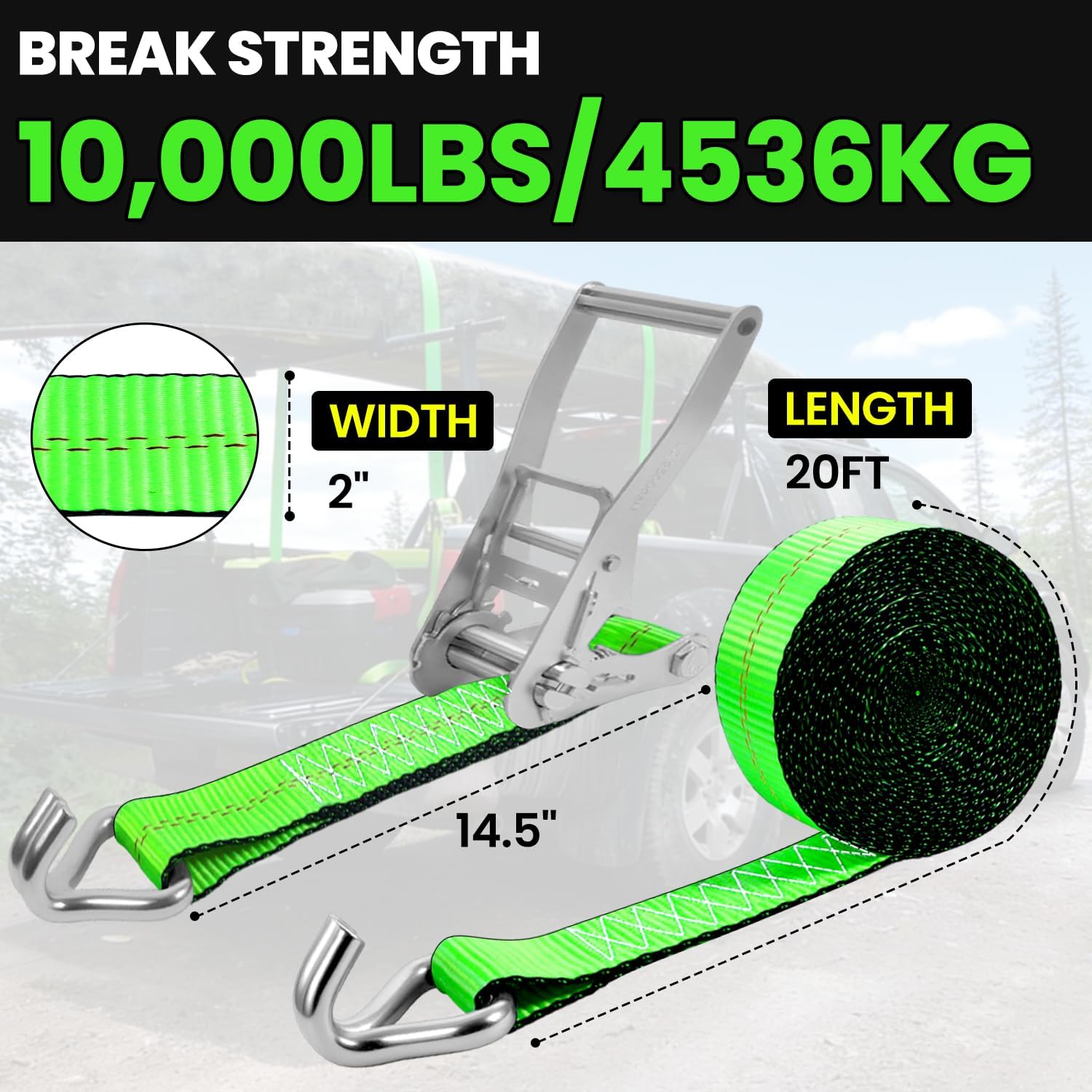 2"x20' Ratchet Straps with J Hooks - 10,000lb Break Strength/ 3,333lb Load Capacity Ratchet Tie Down Strap - Ratchet Straps Heavy Duty - Cargo Straps for Truck, Lawn Equipment, Car Roof, 4 Pack(Green)
