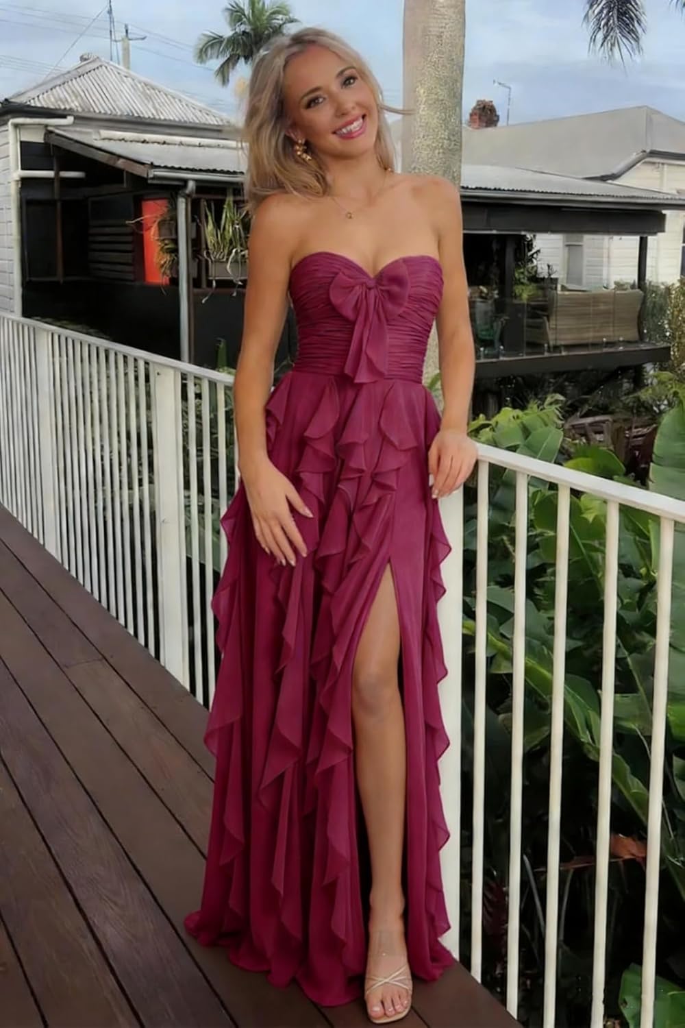 Chiffon Prom Dresses 2026 for Women with Bow Ruffles Sweetheart Neck Pleated A-Line Long Formal Gowns with Slit - Image 7