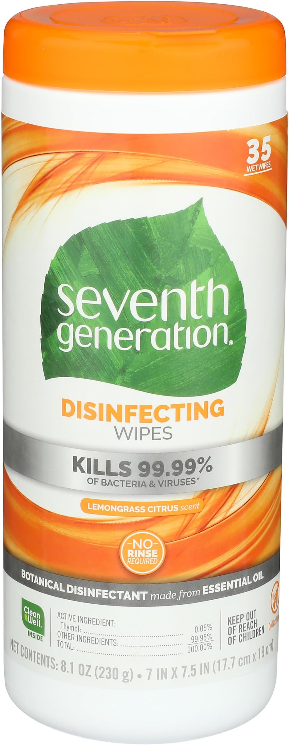 Seventh Generation Disinfecting Multi-Surface Wipes, Lemongrass Citrus Scent, 35 Wipes