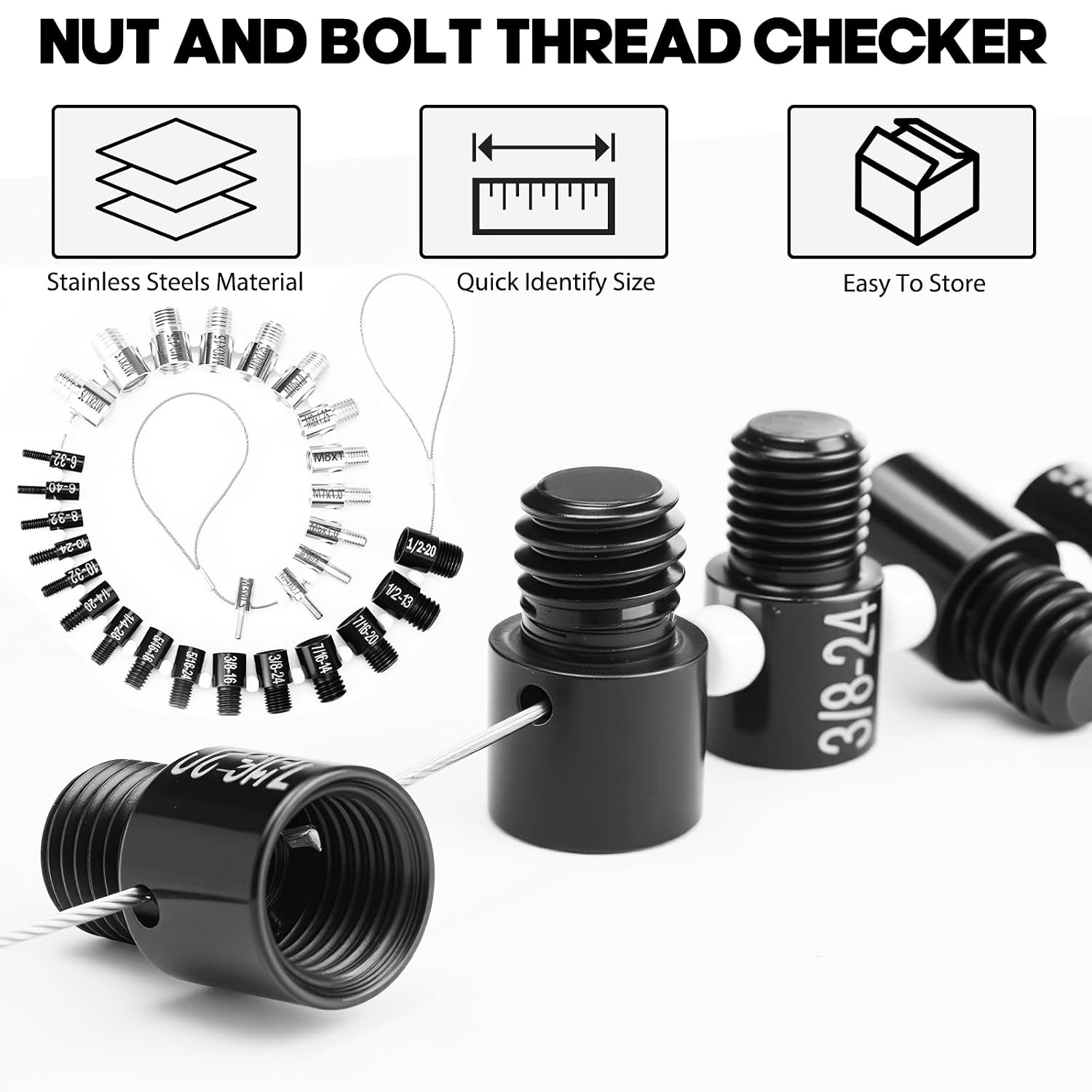 Manalete 28 Pcs Nut and Bolt Thread Checker, 13 Metric/15 SAE, Steel, Chain image 4