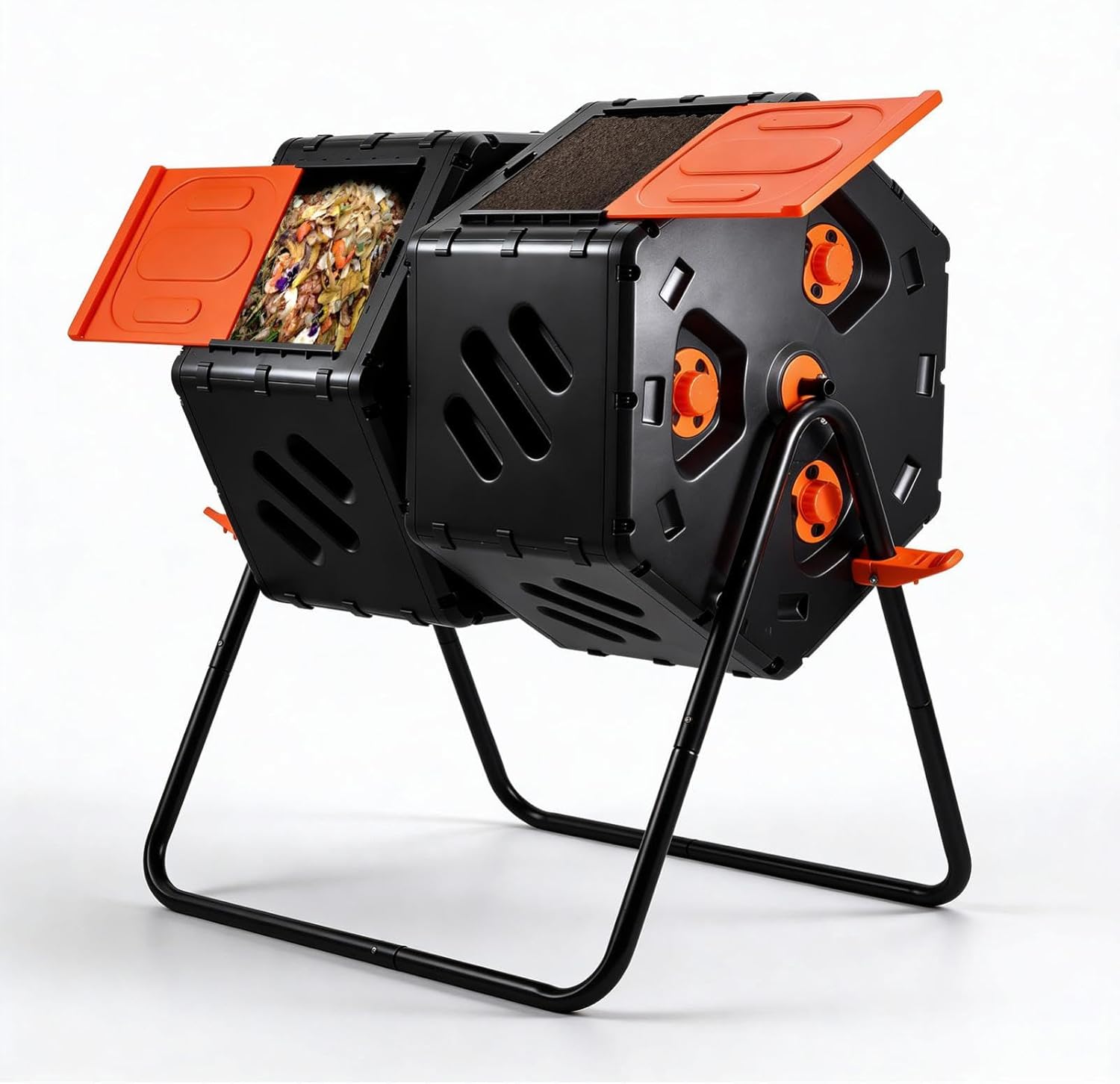 45 Gallon Double Chamber Compost Tumbler 2 Separate 22.5 Gal Compost Bin Outdoor with Aeration Holes & Powder 24.2 Lbs Load Capacity Coated Steel Frame Easy Assembly Kitchen Composter