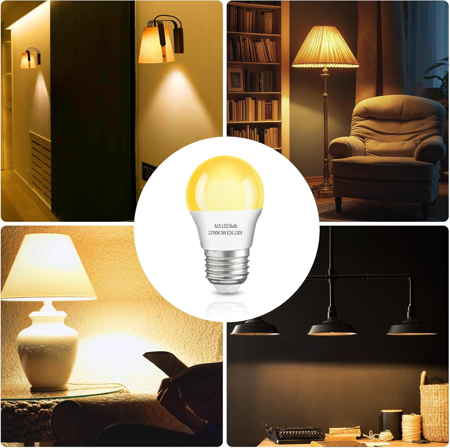 A15 LED Light Bulb 2 Pack，5W 2700K Warm Light Table Lamp Bulb Equivalent 40 Watt Light Bulbs,120V E26 Base Small Light Bulb for Home Light, Bedroom,Office, Porch,Dimmable