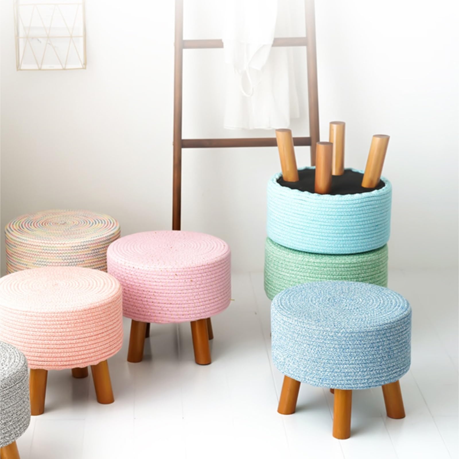 Ottomana Salón Reposapiés Redondo De Hilo Algodón con Patas Madera Maciza For Uso Doméstico Asiento Extra(Grün)