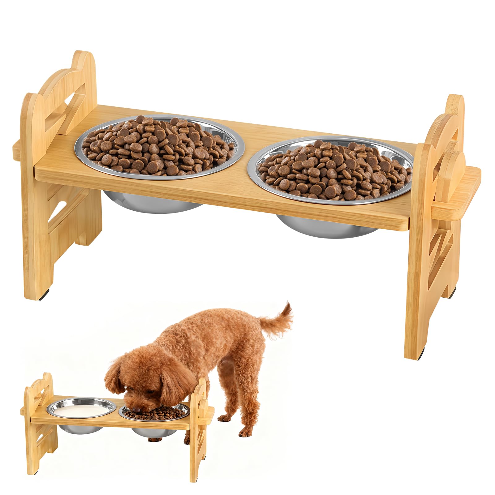 Comedero Perro Elevado para Perros con Altura Ajustable, Comedero para Perro con Soporte Antideslizante y 2 Cuencos de Acero Inoxidable, Regulable para Perros y Gatos