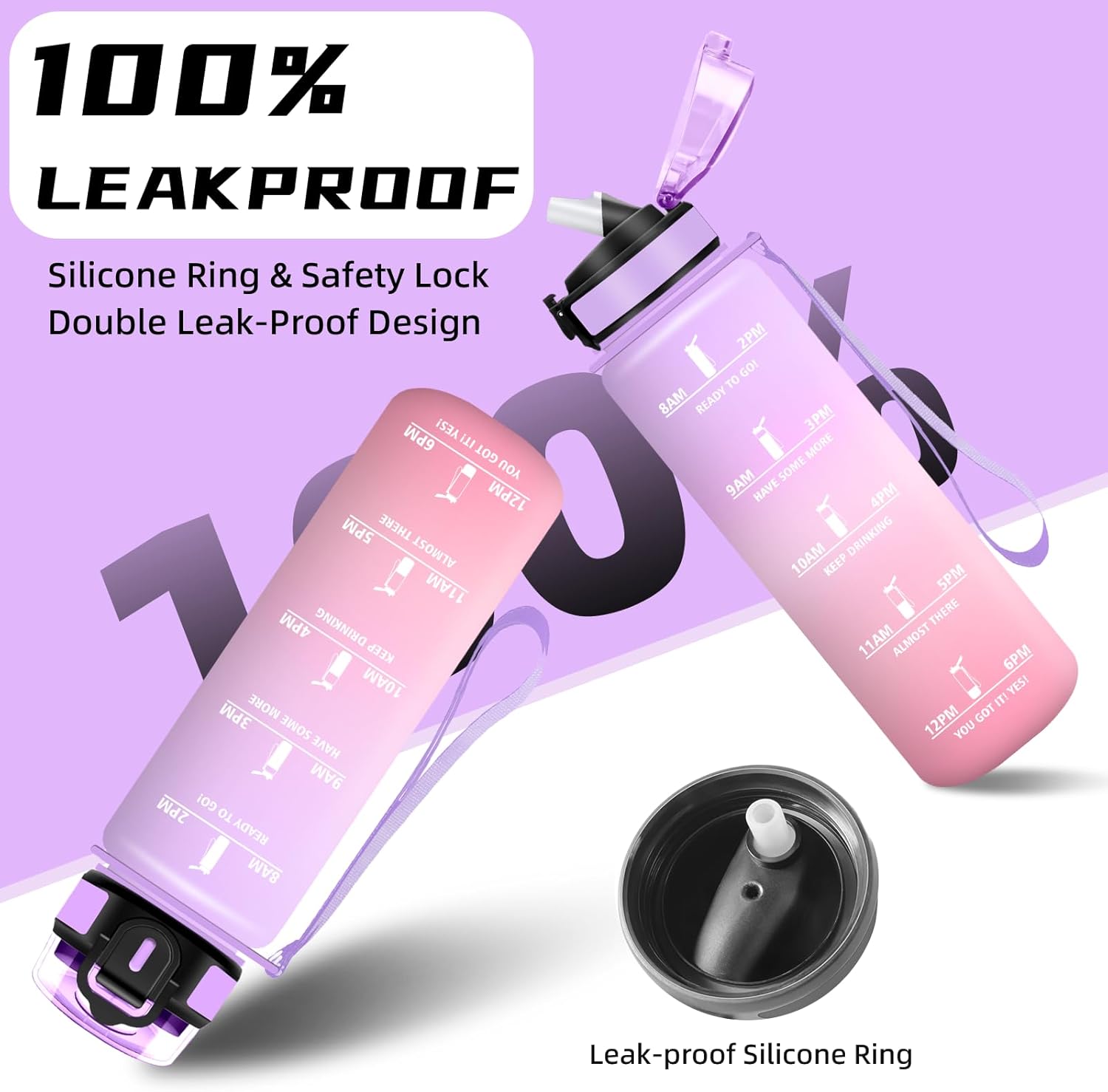 Sports Water Bottle, 1 Litre, Water Bottle with Straw, Easy to Clean, Leak-Proof Water Bottle, with Motivational Slogan, Bottle with Time Marking, for School, Yoga, Camping, Office