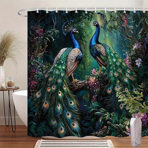 GLWDMB 1 Piece 180x180CM Peacocks in Tropical Forest Printed Shower Curtain With Hook, Polyester, for Windows And Walls, Bathtub, Bathroom, Machine Washable, All Season Universal