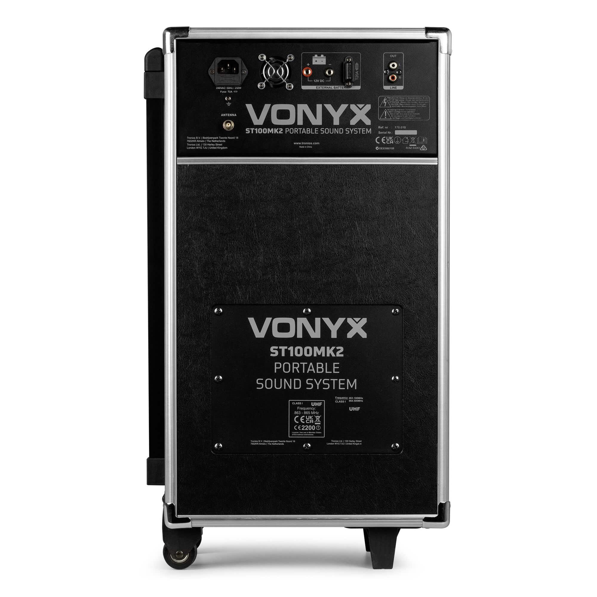 Vonyx ST100 Mobiler Akkulautsprecher mit 2 drahtlosen UHF-Mikrofonen, 1 kabelgebundenem Mikrofon, Bluetooth, USB- und SD-Anschluss, CD-Player und Fernbedienung