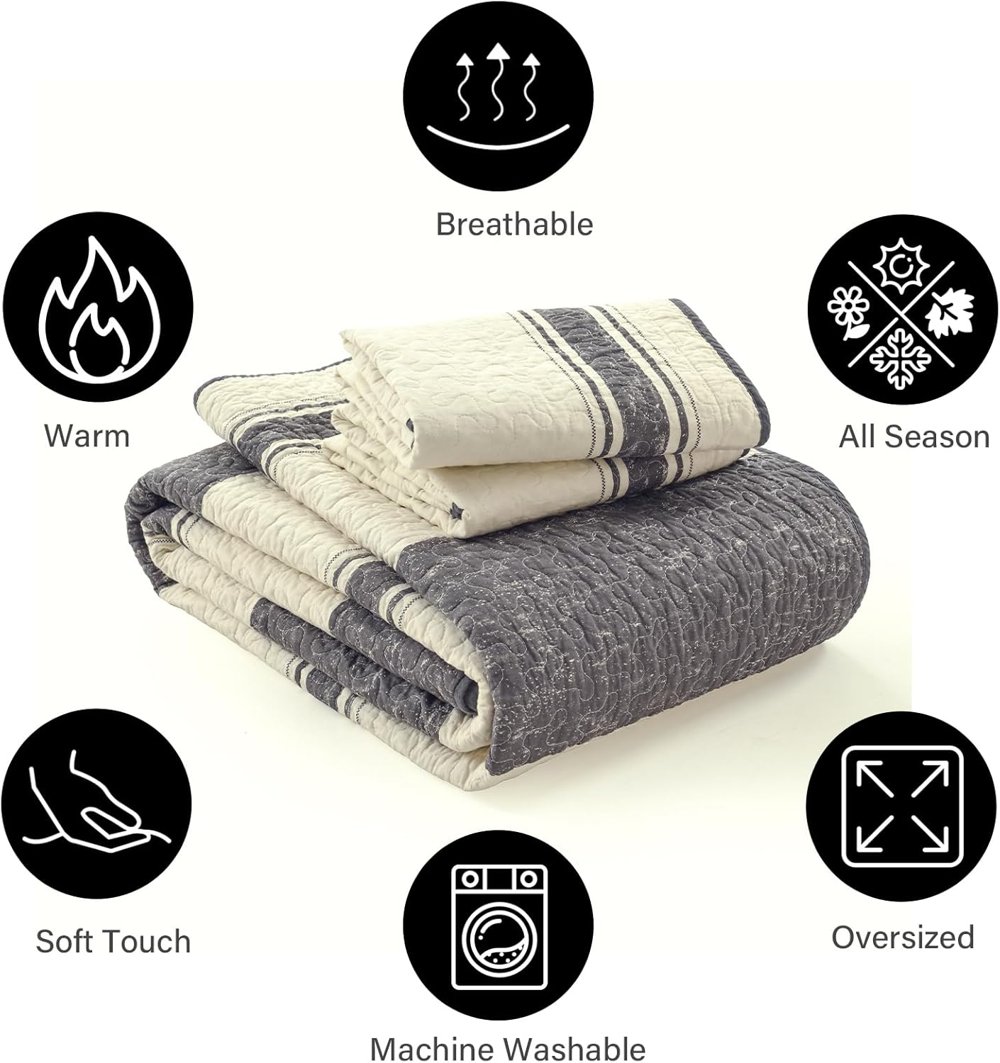 PANGUSHAN 100% Cotton Quilt King Size, King Quilt Set, Farmhouse Striped Quilt Bedding Set Bedspread for King Bed, All Seasons, 3pcs - Image 6