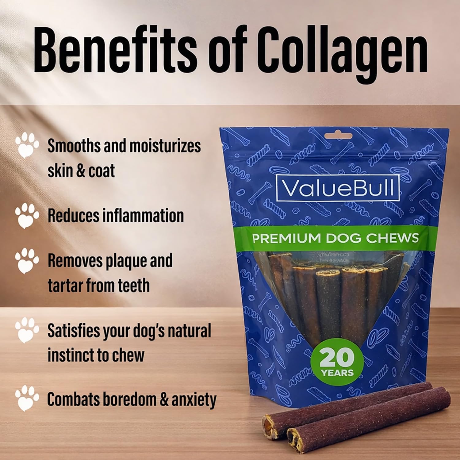 ValueBull Buffalo Collagen Sticks for Dogs, 6 Inch Thick Chews, Natural Long-Lasting Dog Treats, 100 Count Bulk Pack - Supports Joints, Skin & Coat with Chondroitin & Glucosamine