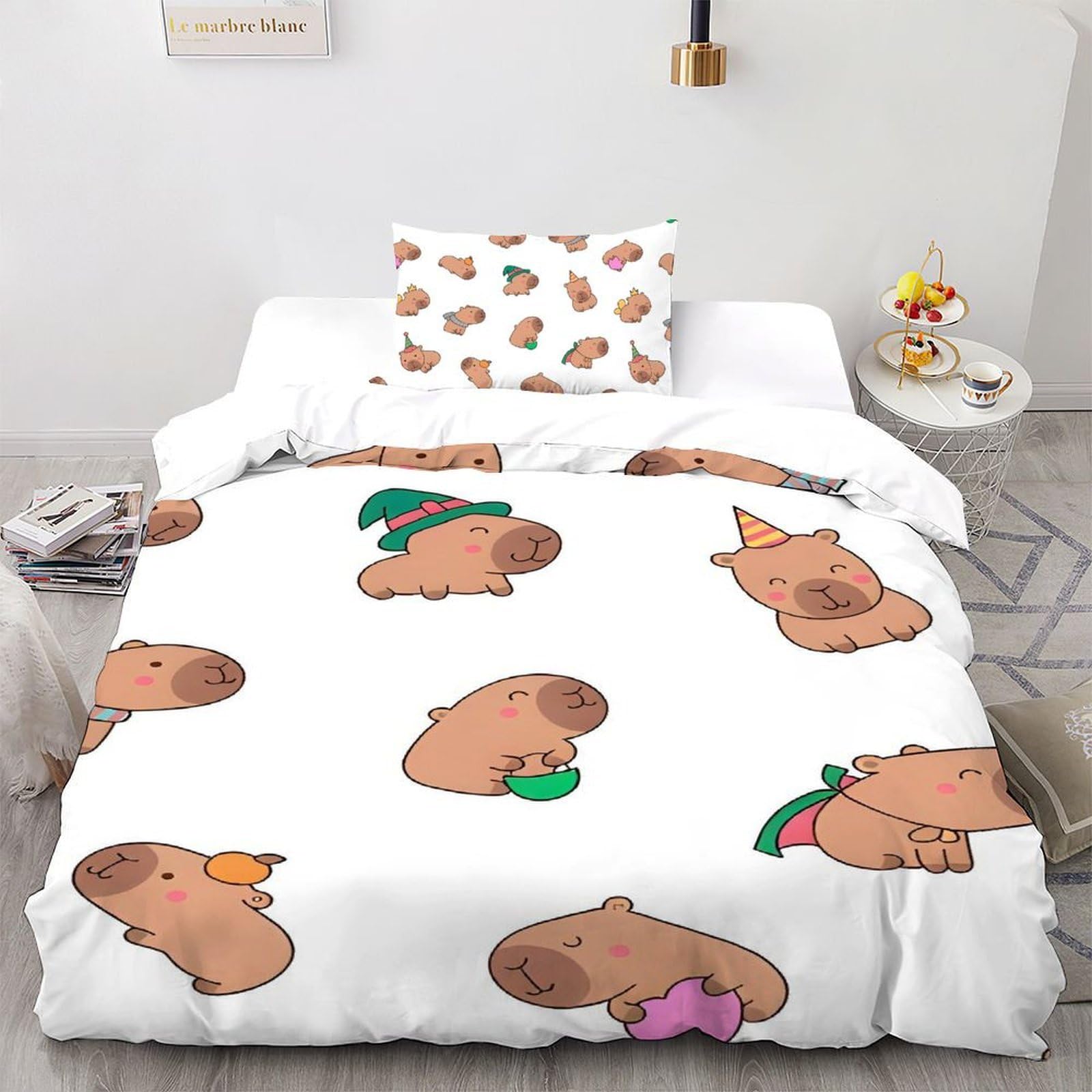SHOVERKD 3D Printed Capybara Pattern Quilt Cover Wild Cute Animal Bedding Set 2Pcs Soft Microfiber with Pillowcases,Hidden Zipper for Boys And Girls Single（135x200cm） Room Decor