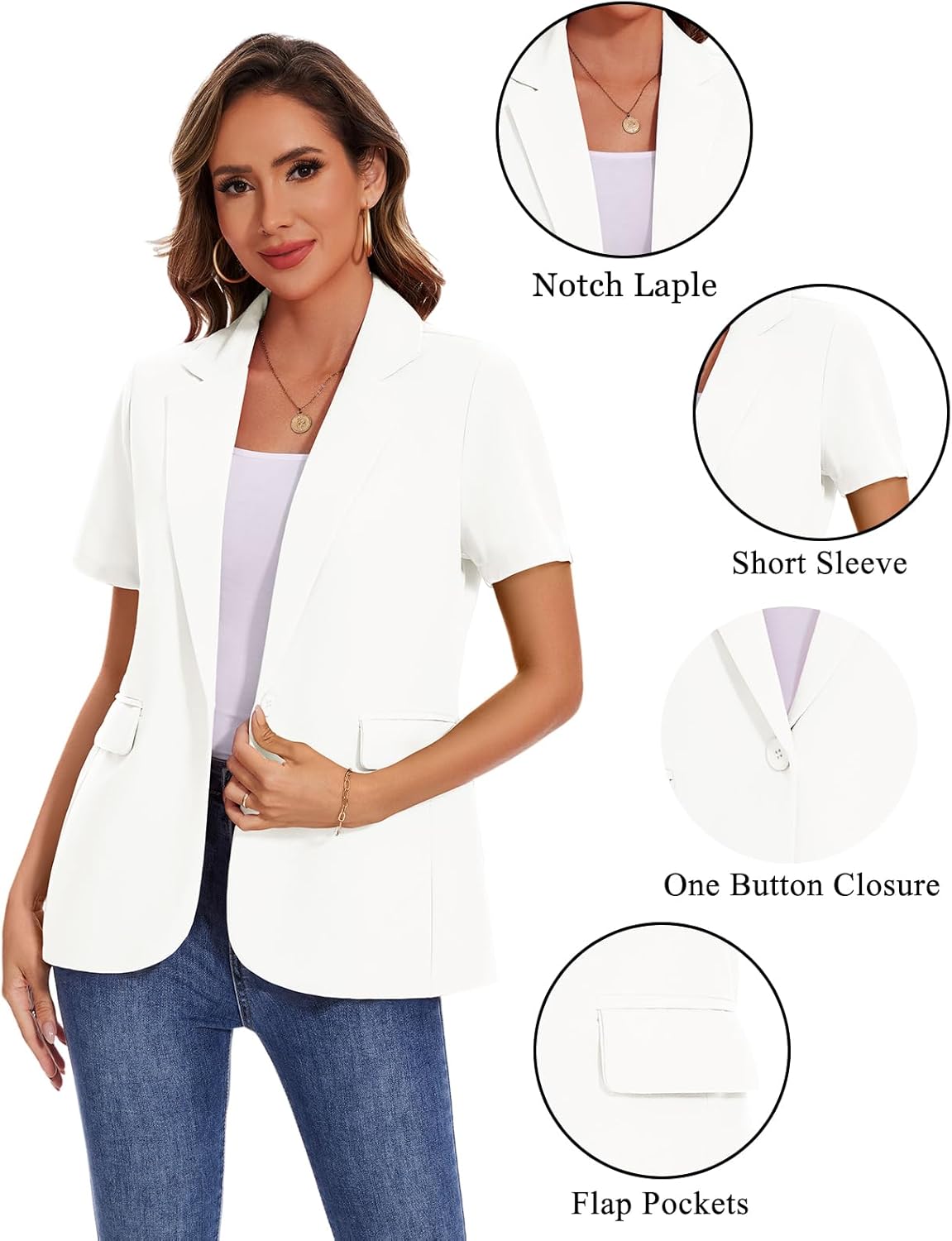 Women Short Sleeve Blazer Lightweight Button Front Business Jacket Notched Lapel Work Office Blazers with Pockets - image 3