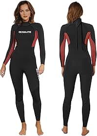 Roupa de mergulho feminina de 3 mm, corpo inteiro, zíper nas costas, fato de neoprene para surfe e bolso interno para chave com costura flatlock, para snorkeling, paddle, natação