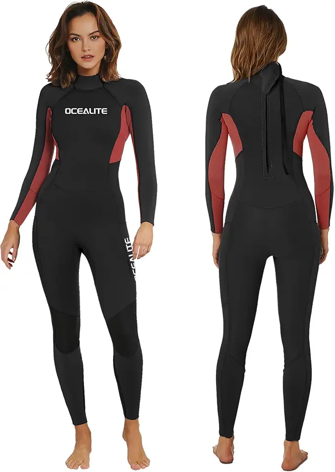 Roupa de mergulho feminina de 3 mm, corpo inteiro, zíper nas costas, fato de neoprene para surfe e bolso interno para chave com costura flatlock, para snorkeling, paddle, natação