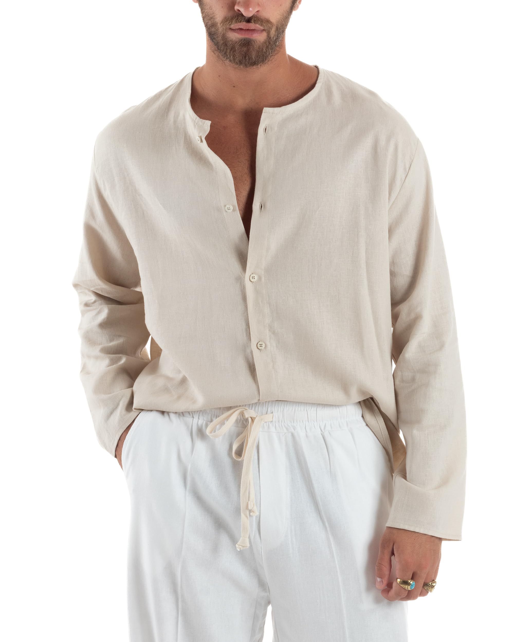Camicia Uomo Casacca Lino Relaxed Fit Maniche Lunghe Casual Fresca Leggera Collo Serafino Tinta Unita Vari Colori