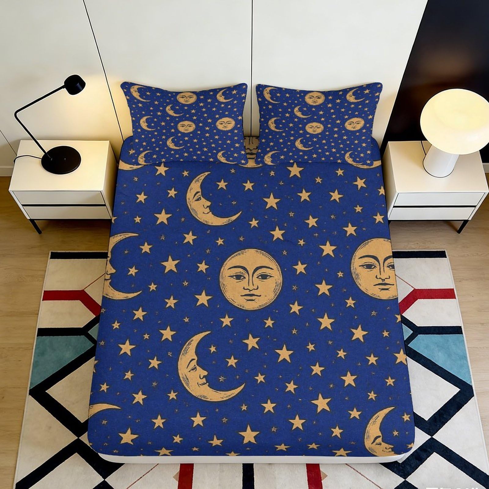3D Printed Moon Star Fitted Sheet Microfiber Deep Pocket Bedroom Lunar Mattress Fitted Cover Non-Slip Full Wrap Washable for Adults Teens 200x200x25cm 90x200x25cm