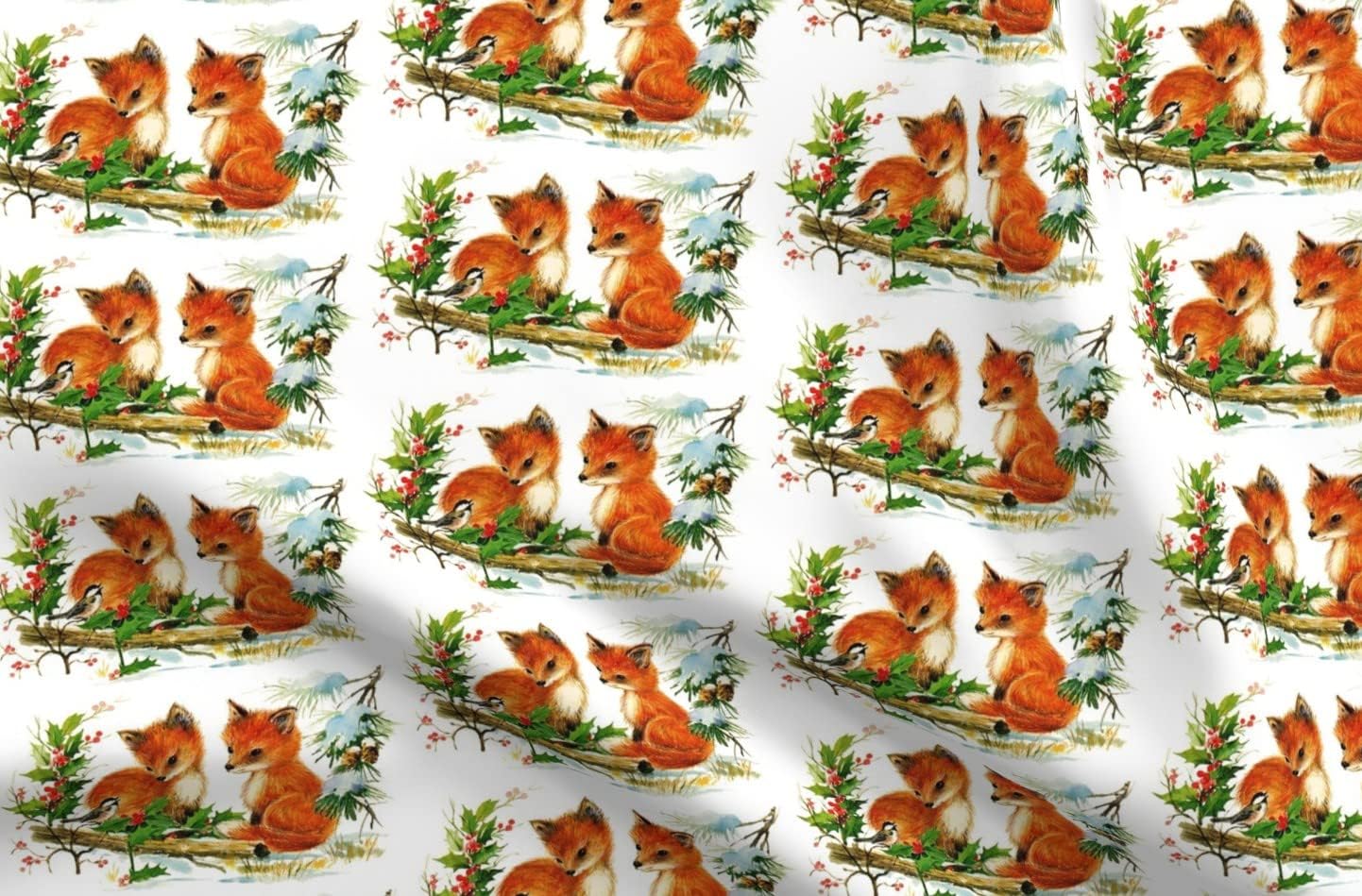 Spoonflower Fabric - Birds Winter Snow Red Foxes Trees Animals Cone Pine Christmas Vintage Printed on Organic Cotton Sateen Fabric by The Yard - Sewing Quilting Apparel Home Decor