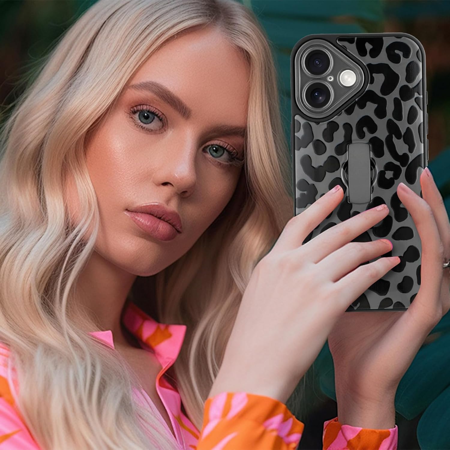 Compatible with iPhone 16 Case with Finger Hand Strap Kickstand, Trendy Cool Leopard Cheetah Print Phone Case for Women Men, Full Camera Protection Shockproof Protective Cover, Black - Image 6