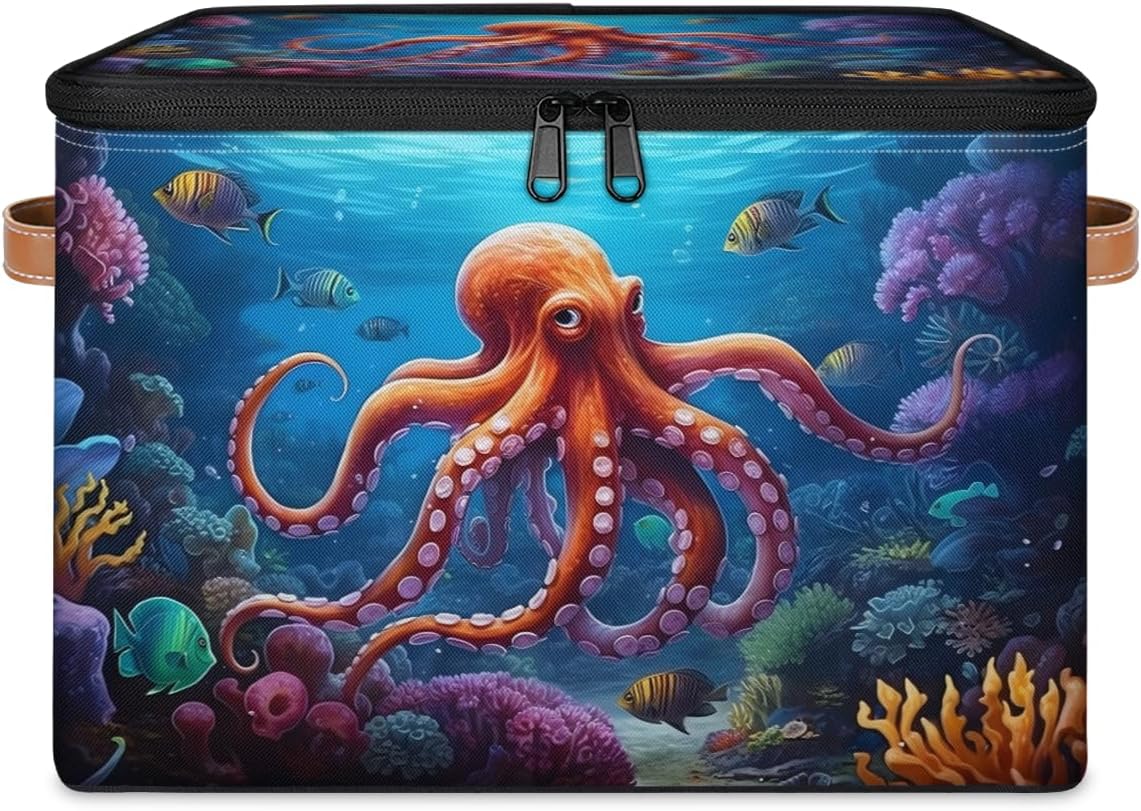 Storage Bin Set of 2 Octopus Coral Storage Basket with Zipper Lid & Handle Foldable Closet Shelf 2 Pack Cloth Organizer Basket Cube Bins Clothes Organizer for Bedroom, Nursery