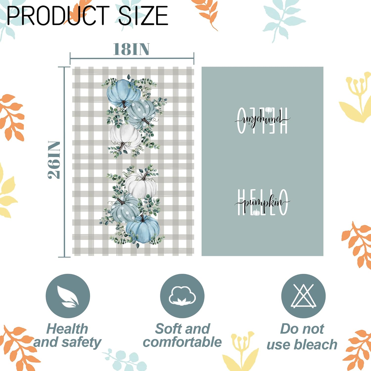 Fall Hand Towels Set of 2, Hello Pumpkin Blue Eucalyptus Leaves Bath Hand Towels for Bathroom Decorative Autumn Soft Absorbent Face Towels for Bathroom Home Hotel Gym Spa Yoga Kitchen 18"x26" - Image 3