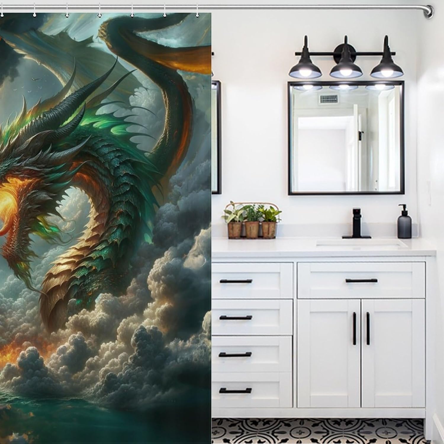 Dragon Shower Curtain for Bathroom, Kids Medieval Magic Scary Fantasy Animal Mythical Green Dragon Bath Curtains, Fabric Waterproof Polyester 12 Pack Hooks 60x72Inch（152x183cm）