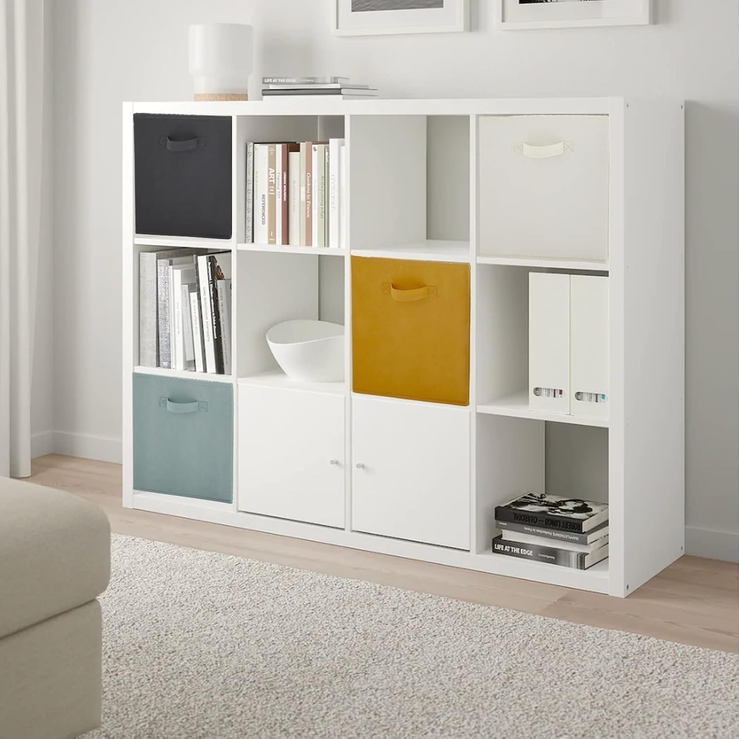 Box and beyond - Set mit 12 Aufbewahrungskörben – 31 x 31 x 31 cm – gelber Stoff – faltbar – mit Griffen – Aufbewahrung, Deko – Schlafzimmer, Wohnzimmer, Büro – moderner Stil