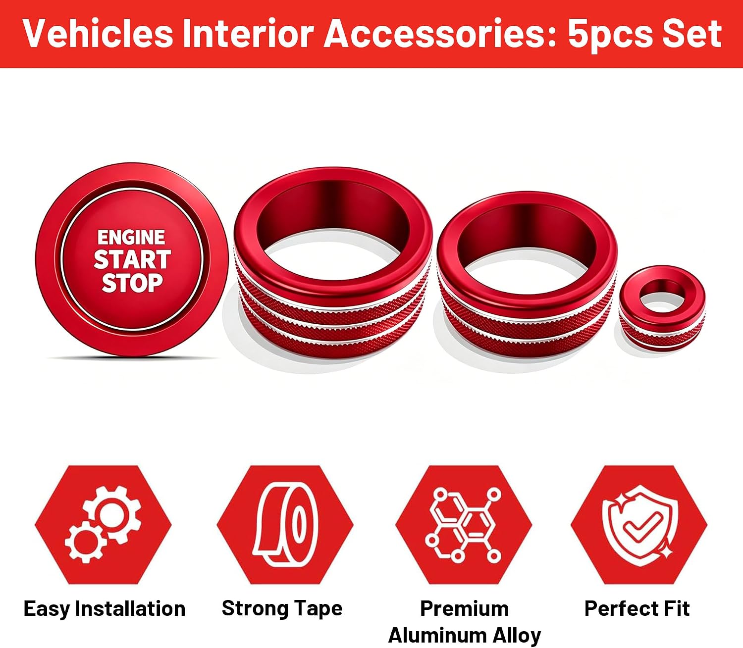 Interior Accessories for Toyota Tundra 2022-2026 & Sequoia 2023-2026 - 5PCS Aluminum Alloy Ring Knob Cover Trim for 14 Inch Screen, Fits Push Start, Rear Mirror, Volume & Driver Mode Knob, Red