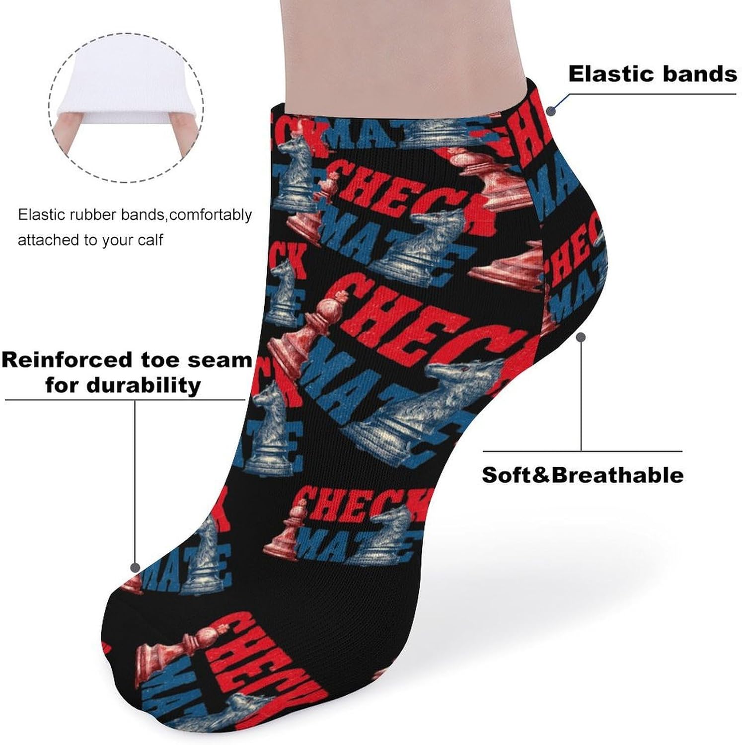 Chess Check Mate No Show Ankle Socks Low Cut Non Slip Flat Boat Line 5 Pairs Set