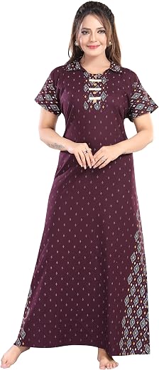 BN PARIDHAN Women's Pure Cotton Maxi, Maroon Flared A-Line Ethnic Nightgown, Full Length Casual Sleepwear
