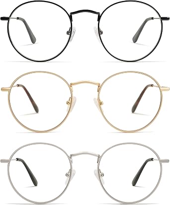 AMOMOMA 3-Pack Retro Round Reading Glasses for Men Women Trendy Blue Light Blocking Computer Readers Metal Frame AM6101